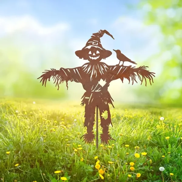 Rustic iron scarecrow garden stake with bird accent for fall decor