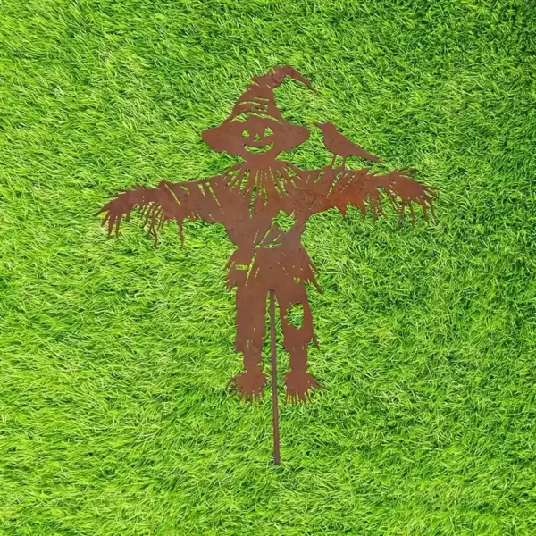 Rustic iron scarecrow garden stake with bird accent for fall decor