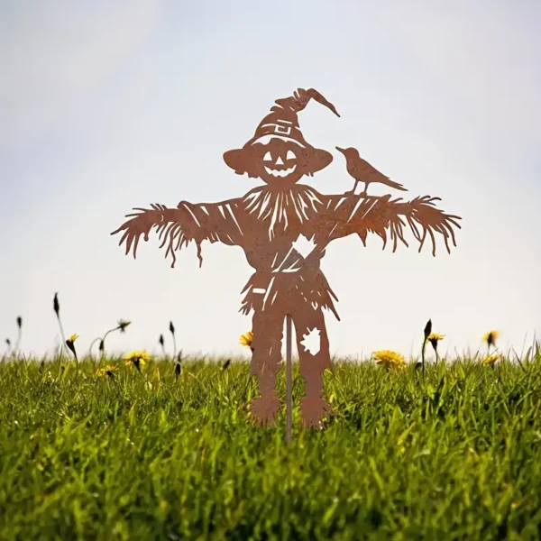 Rustic iron scarecrow garden stake with bird accent for fall decor