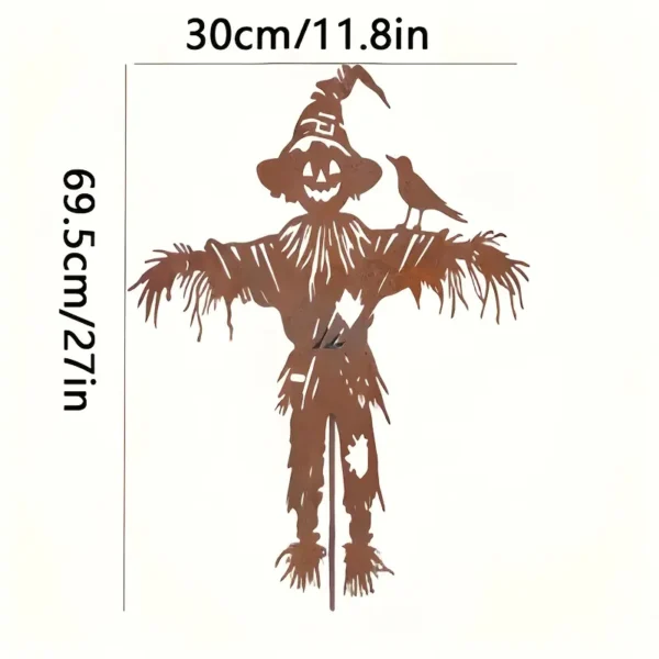 Rustic iron scarecrow garden stake with bird accent for fall decor