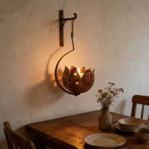 Rustic tulip shaped iron hanging candle holder for garden and home decor